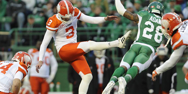B.C. Lions' Richie Leone attempts a field goal against the Saskatchewan Roughriders during the firs...