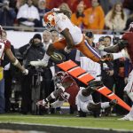 Clemson's Deshaun Watson is stopped near the goal line during the second half of the NCAA college football playoff championship game against Alabama Tuesday, Jan. 10, 2017, in Tampa, Fla. (AP Photo/Chris O'Meara)