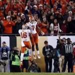 Clemson's Mike Williams celebrates his touchdown catch with teammate Jordan Leggett during the second half of the NCAA college football playoff championship game against Alabama Monday, Jan. 9, 2017, in Tampa, Fla. (AP Photo/John Bazemore)