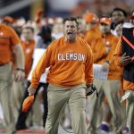 Clemson head coach Dabo Swinney reacts during the first half of the NCAA college football playoff championship game against Alabama Monday, Jan. 9, 2017, in Tampa, Fla. (AP Photo/Chris O'Meara)