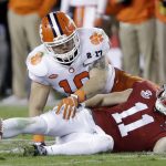 Clemson's Ben Boulware breaks up a pass intended for Alabama's Gehrig Dieter during the second half of the NCAA college football playoff championship game Monday, Jan. 9, 2017, in Tampa, Fla. (AP Photo/David J. Phillip)