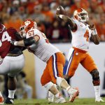 Clemson's Deshaun Watson throws during the first half of the NCAA college football playoff championship game against Alabama Monday, Jan. 9, 2017, in Tampa, Fla. (AP Photo/John Bazemore)