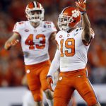 Clemson's Tanner Muse reacts after partially blocking a punt during the first half of the NCAA college football playoff championship game against Alabama Monday, Jan. 9, 2017, in Tampa, Fla. (AP Photo/John Bazemore)