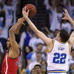 
              UCLA forward TJ Leaf, right, grabs a rebound away from Arizona guard Allonzo Trier during the first half of an NCAA college basketball game, Saturday, Jan. 21, 2017, in Los Angeles. (AP Photo/Mark J. Terrill)
            