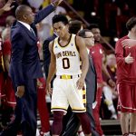 Arizona State guard Tra Holder (0) walks to the bench during a time out as Washington State celebrates during the second half of an NCAA college basketball game, Sunday, Jan. 29, 2017, in Tempe, Ariz. (AP Photo/Matt York)