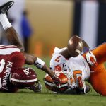 Alabama's Marlon Humphrey is called for pass interference on a pass to Clemson's Mike Williams during the second half of the NCAA college football playoff championship game Monday, Jan. 9, 2017, in Tampa, Fla. (AP Photo/John Bazemore)