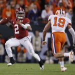 Alabama's Jalen Hurts scrambles during the second half of the NCAA college football playoff championship game against Clemson Monday, Jan. 9, 2017, in Tampa, Fla. (AP Photo/John Bazemore)