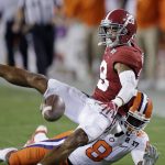 Alabama's Anthony Averett breaks up a pass intended for Clemson's Deon Cain during the first half of the NCAA college football playoff championship game Monday, Jan. 9, 2017, in Tampa, Fla. (AP Photo/Chris O'Meara)