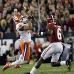 Clemson's Jordan Leggett can't catch a pass in front of Alabama's Hootie Jones during the second half of the NCAA college football playoff championship game Monday, Jan. 9, 2017, in Tampa, Fla. (AP Photo/David J. Phillip)