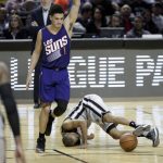 Phoenix Suns Devin Booker acknowledges a foul as San Antonio Spurs Tony Parker lies crumpled on the floor, in the second half of their regular-season NBA basketball game in Mexico City, Saturday, Jan. 14, 2017. (AP Photo/Rebecca Blackwell)