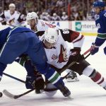 Vancouver Canucks center Brandon Sutter (20) fights for control of the puck with Arizona Coyotes right wing Josh Jooris (86) during the first period of an NHL hockey game in Vancouver, British Columbia, Wednesday, Jan. 4, 2017. (Jonathan Hayward/The Canadian Press via AP)