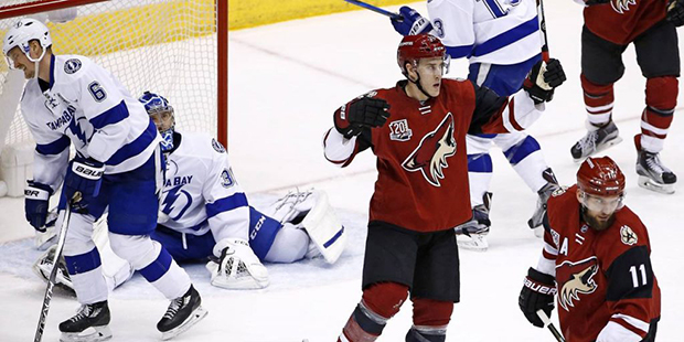 Arizona Coyotes defenseman Michael Stone, second from right, celebrates his goal against Tampa Bay ...