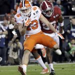 Clemson's Hunter Renfrow breaks away for a touchdown catch during the second half of the NCAA college football playoff championship game against Alabama Monday, Jan. 9, 2017, in Tampa, Fla. (AP Photo/David J. Phillip)