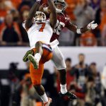 Clemson's Mike Williams catches a pass in front of Alabama's Marlon Humphrey during the second half of the NCAA college football playoff championship game Tuesday, Jan. 10, 2017, in Tampa, Fla. (AP Photo/John Bazemore)