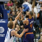 Dallas Mavericks' Dirk Nowitzki of Germany defends as Phoenix Suns' Tyson Chandler (4) attempts a shot in the first half of an NBA basketball game, Thursday, Jan. 5, 2017, in Dallas. (AP Photo/Tony Gutierrez)