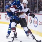 Vancouver Canucks defenseman Christopher Tanev (8) fights for control of the puck with Arizona Coyotes left wing Brendan Perlini (29) during the first period of an NHL hockey game, Wednesday, Jan. 4, 2017 in Vancouver, British Columbia. (Jonathan Hayward/The Canadian Press via AP)