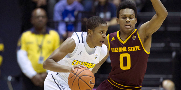 California's Charlie Moore (13) drives around Arizona State's Tra Holder (0) during the first half ...