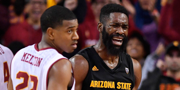 Arizona State forward Obinna Oleka, right, reacts after turning over the ball as Southern Californi...