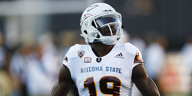 Arizona State Sun Devils wide receiver Ellis Jefferson warms up before the first half of an NCAA co...