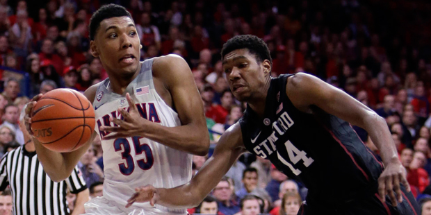 Arizona guard Allonzo Trier (35) drives on Stanford guard Marcus Sheffield during the second half o...
