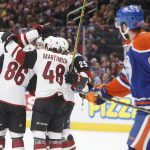 The Arizona Coyotes celebrate a goal against the Edmonton Oilers during the first period of an NHL hockey game Tuesday, Feb. 14, 2017, in Edmonton, Alberta. (Jason Franson/The Canadian Press via AP)
