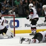 Arizona Coyotes goalie Louis Domingue reacts after giving up a goal to Dallas Stars' John Klingberg as Tobias Rieder (8), Luke Schenn (2) and Oliver Ekman-Larsson (23) are near during the second period of an NHL hockey game, Friday, Feb. 24, 2017, in Dallas. (AP Photo/Mike Stone)