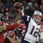 Atlanta Falcons' Vic Beasley Jr. pressures New England Patriots' Tom Brady, during the first half of the NFL Super Bowl 51 football game Sunday, Feb. 5, 2017, in Houston. (AP Photo/Patrick Semansky)