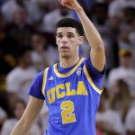 UCLA guard Lonzo Ball (2) signals after making a basket during the second half of an NCAA college basketball game, Thursday, Feb. 23, 2017, in Tempe, Ariz. (AP Photo/Matt York)