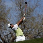 Hideki Matsuyama, of Japan, hits from the sixth tee during the final round of the Wastem Management Phoenix Open golf tournament, Sunday, Feb. 5, 2017, in Scottsdale, Ariz. (AP Photo/Matt York)