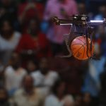 A drone carries a ball toward Orlando Magic's Aaron Gordon, not pictured, during the slam-dunk contest as part of the NBA All-Star Saturday Night events in New Orleans, Saturday, Feb. 18, 2017. (AP Photo/Max Becherer)