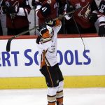 Anaheim Ducks defenseman Cam Fowler (4) reacts after missing a game tying goal as time expired in the third period during an NHL hockey game against the Arizona Coyotes, Monday, Feb. 20, 2017, in Glendale, Ariz. Arizona defeated Anaheim 3-2. (AP Photo/Rick Scuteri)