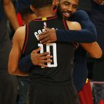 Cleveland Cavaliers Guard Kyrie Irving hugs Houston Rockets guard Eric Gordon (10) after Gordon won the All-Star 3-point shootout as part of the NBA All-Star Saturday Night events in New Orleans, Saturday, Feb. 18, 2017. (AP Photo/Max Becherer)