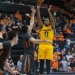 Arizona State's Tra Holder (0) shoots over Oregon State's Tanner Sanders during the second half of an NCAA college basketball game in Corvallis, Ore., Saturday, Feb. 4, 2017. Arizona State won 81-68. (AP Photo/Timothy J. Gonzalez)