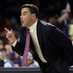 Arizona coach Sean Miller reacts to a foul call during the first half of the team's NCAA college basketball game against Stanford, Wednesday, Feb. 8, 2017, in Tucson, Ariz. (AP Photo/Rick Scuteri)