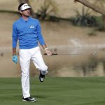 Bubba Watson watches his second shot go into the water on the 15th fairway during the second round of the Phoenix Open golf tournament, Friday, Feb. 3, 2017, in Scottsdale, Ariz. (AP Photo/Matt York)