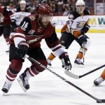 Arizona Coyotes left wing Max Domi (16) drives towards the net in the second period of an NHL hockey game against the Anaheim Ducks, Monday, Feb. 20, 2017, in Glendale, Ariz. (AP Photo/Rick Scuteri)