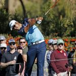 Hideki Matsuyama, of Japan, hits his tee shot at the second hole during the third round of the Waste Management Phoenix Open golf tournament Saturday, Feb. 4, 2017, in Scottsdale, Ariz. (AP Photo/Ross D. Franklin)