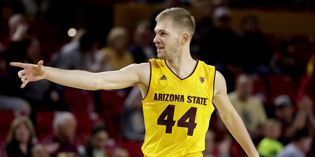 Arizona State guard Kodi Justice (44) celebrates his three-pointer against USC during the first hal...