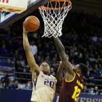 Washington guard Markelle Fultz (20) has a shot blocked by Arizona State forward Andre Adams (12) during the first half of an NCAA college basketball game, Thursday, Feb. 16, 2017, in Seattle. (AP Photo/Ted S. Warren)
