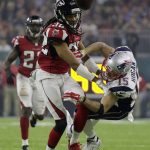 Atlanta Falcons' Jalen Collins breaks up a pass intended for New England Patriots' Chris Hogan during the second half of the NFL Super Bowl 51 football game Sunday, Feb. 5, 2017, in Houston. (AP Photo/Mark Humphrey)