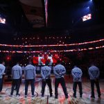 Player listen to the Canadian anthem play before the NBA All-Star basketball game in New Orleans, Sunday, Feb. 19, 2017. (AP Photo/Gerald Herbert)