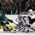 Arizona Coyotes goalie Louis Domingue blocks a shot from Dallas Stars' Brett Ritchie (25) as Oliver Ekman-Larsson (23) watches during the first period of an NHL hockey game, Friday, Feb. 24, 2017, in Dallas. (AP Photo/Mike Stone)
