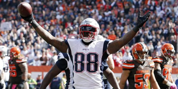 FILE - In this Oct. 9, 2016, file photo, New England Patriots tight end Martellus Bennett celebrate...