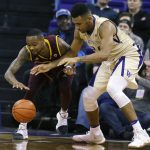 Arizona State guard Torian Graham, left, gets the ball away from Washington forward Devenir Duruisseau during the first half of an NCAA college basketball game, Thursday, Feb. 16, 2017, in Seattle. (AP Photo/Ted S. Warren)