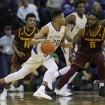 Washington guard Markelle Fultz (20) drives around Arizona State's Shannon Evans II (11) and forward Obinna Oleka (5) during the first half of an NCAA college basketball game, Thursday, Feb. 16, 2017, in Seattle. (AP Photo/Ted S. Warren)