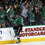 Dallas Stars' Devin Shore (17) celebrates after scoring against the Arizona Coyotes during the first period of an NHL hockey game, Friday, Feb. 24, 2017, in Dallas. (AP Photo/Mike Stone)