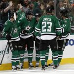 Dallas Stars' John Klingberg (3), Devin Shore (17), Jiri Hudler (22), Esa Lindell (23) and Curtis McKenzie (11) celebrate after Shore scored against the Arizona Coyotes during the first period of an NHL hockey game, Friday, Feb. 24, 2017, in Dallas. (AP Photo/Mike Stone)