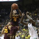 Arizona State's Shannon Evans II goes to the basket against Oregon's Jordan Bell during the second half of an NCAA college basketball game Thursday, Feb. 2, 2017, in Eugene, Ore. (AP Photo/Chris Pietsch)