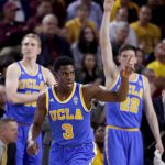 UCLA guard Aaron Holiday (3) celebrates a three pointer against Arizona State during the second half of an NCAA college basketball game, Thursday, Feb. 23, 2017, in Tempe, Ariz. (AP Photo/Matt York)