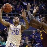 Washington guard Markelle Fultz (20) shoots against Arizona State forward Andre Adams during the first half of an NCAA college basketball game, Thursday, Feb. 16, 2017, in Seattle. (AP Photo/Ted S. Warren)